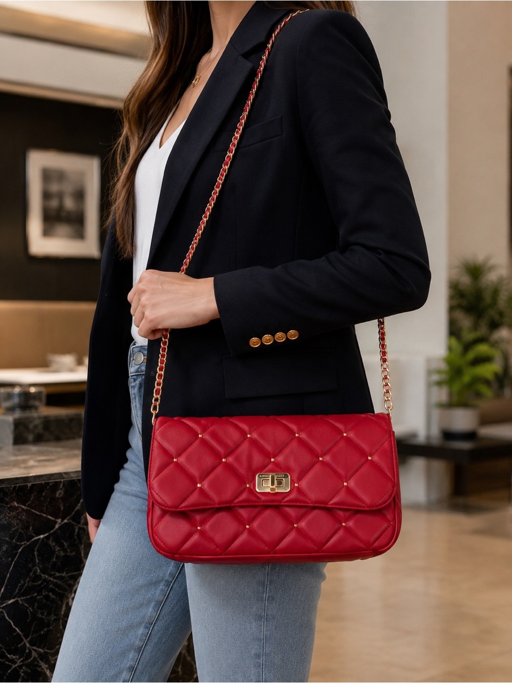 BADGLEY MISCHKA Red Quilted Faux Leather Studded Flap Crossbody Bag Quiet Luxury